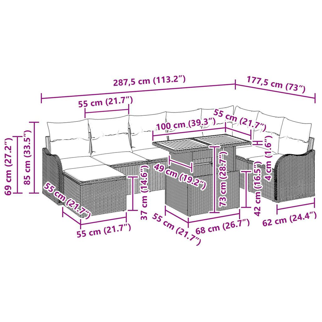 vidaXL 9 Piece Garden Sofa Set with Cushions Grey Poly Rattan Acacia