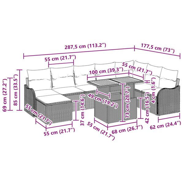 vidaXL 9 Piece Garden Sofa Set with Cushions Grey Poly Rattan Acacia