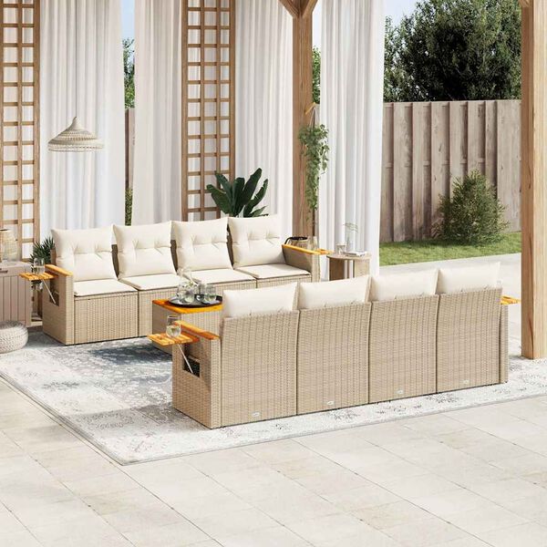 vidaXL 9 Piece Garden Sofa Set with Cushions Beige Poly Rattan