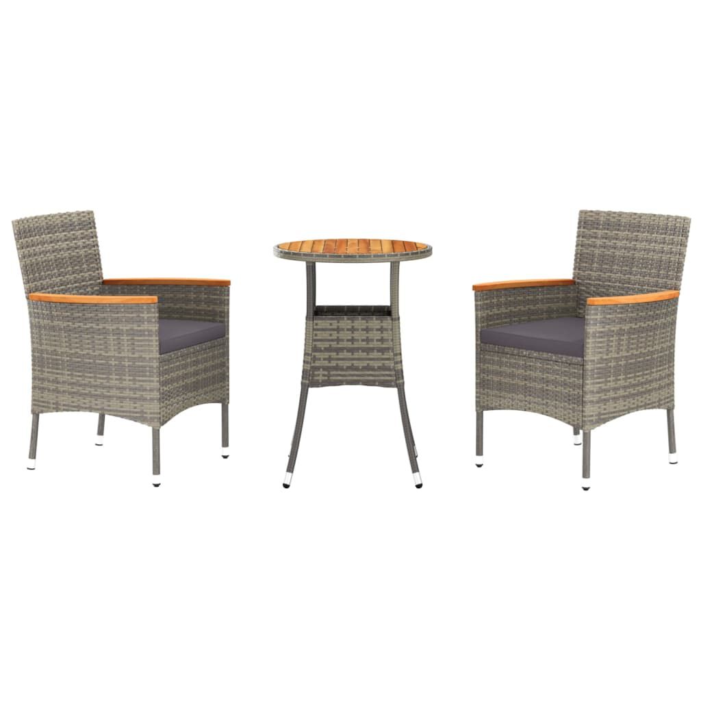 vidaXL 3 Piece Garden Bistro Set with Cushions Grey Poly Rattan