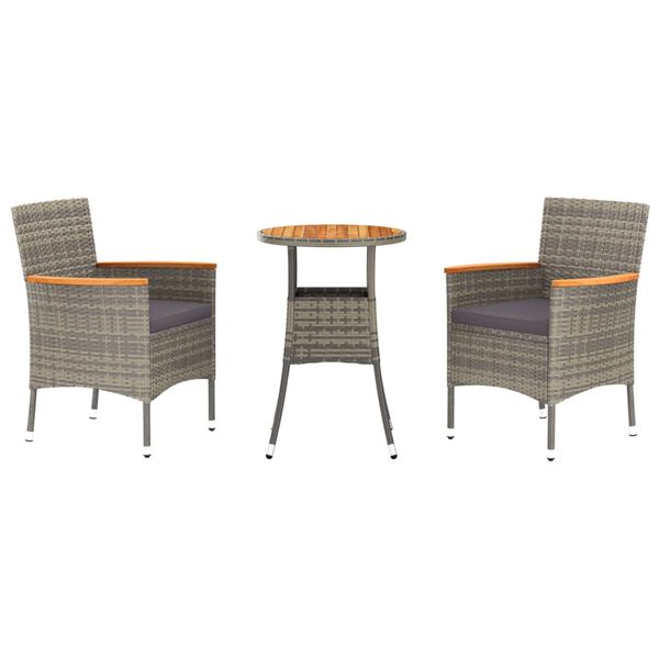 vidaXL 3 Piece Garden Bistro Set with Cushions Grey Poly Rattan