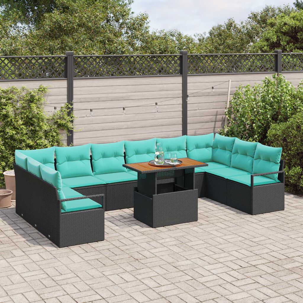vidaXL 11 Piece Garden Sofa Set with Cushions Black Poly Rattan Acacia