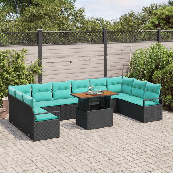vidaXL 11 Piece Garden Sofa Set with Cushions Black Poly Rattan Acacia