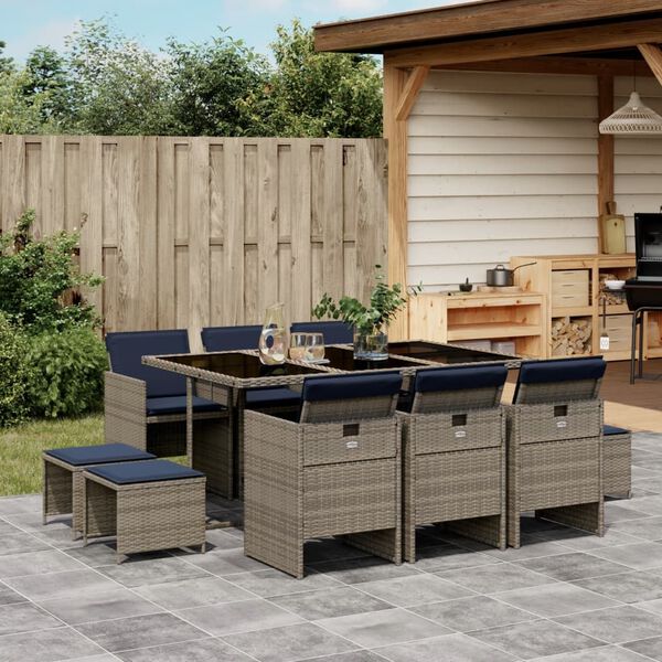 vidaXL 11 Piece Garden Dining Set with Cushions Grey Poly Rattan