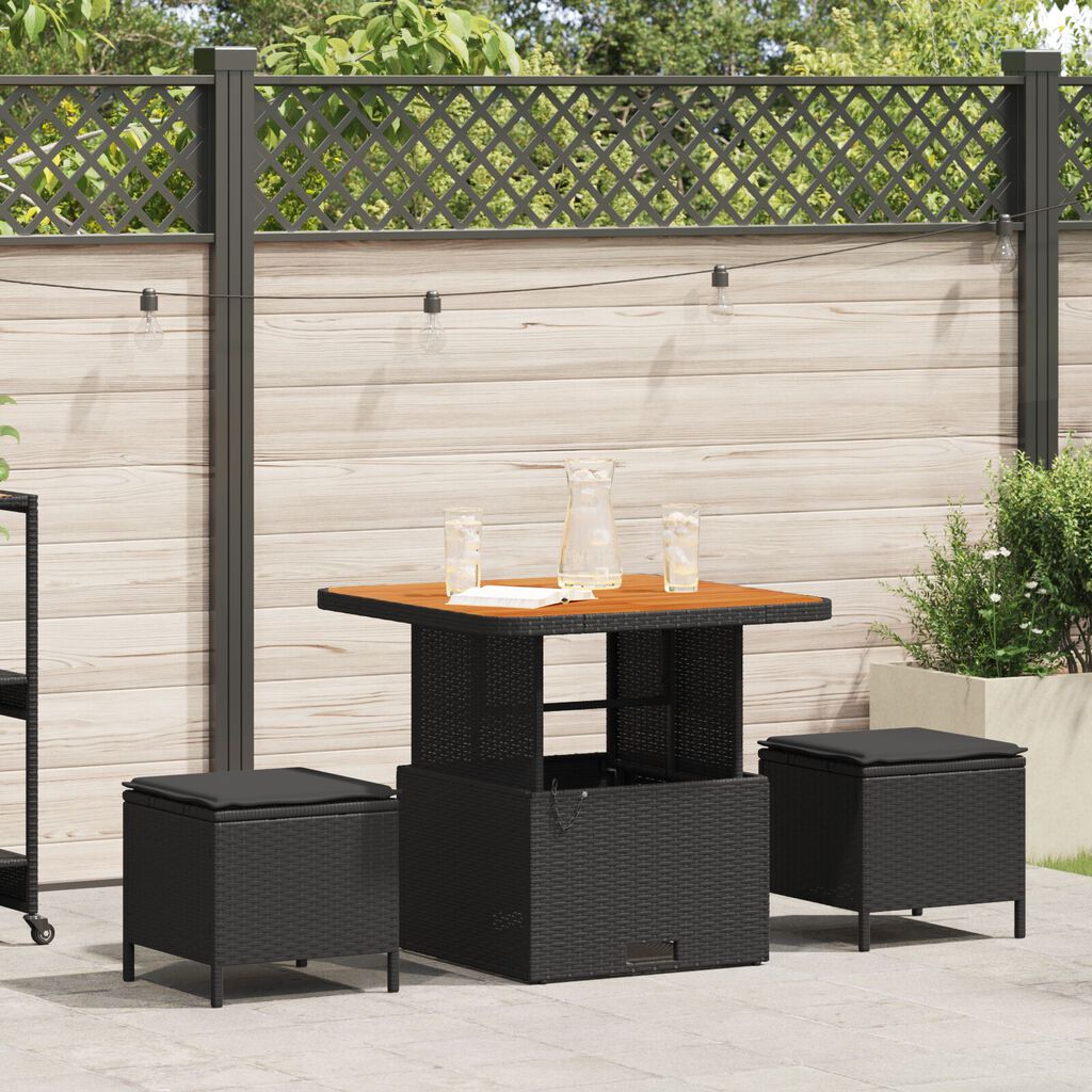 vidaXL 3 Piece Garden Dining Set with Cushions Black Poly Rattan Acacia