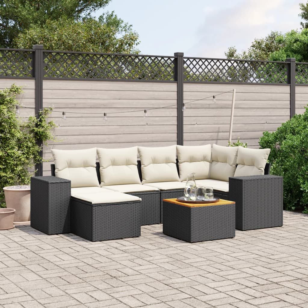 vidaXL 7 Piece Garden Sofa Set with Cushions Black Poly Rattan