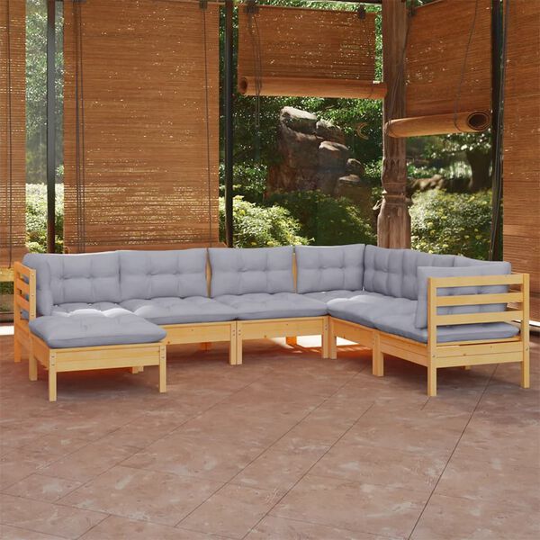 vidaXL 7 Piece Garden Lounge Set with Grey Cushions Solid Pinewood