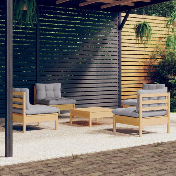 vidaXL 5 Piece Garden Lounge Set with Grey Cushions Pinewood