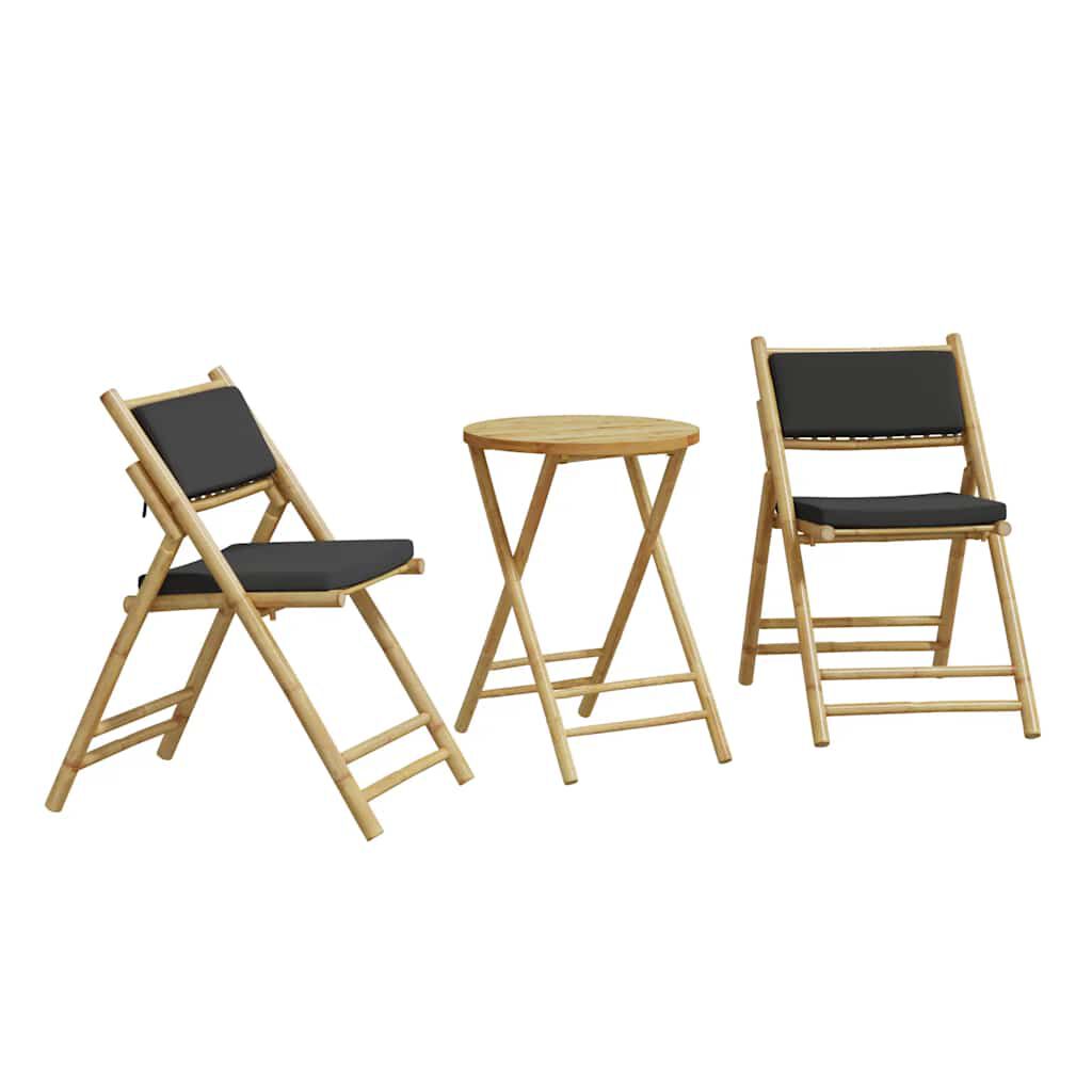 vidaXL 3 Piece Folding Bistro Set with Dark Grey Cushions Bamboo