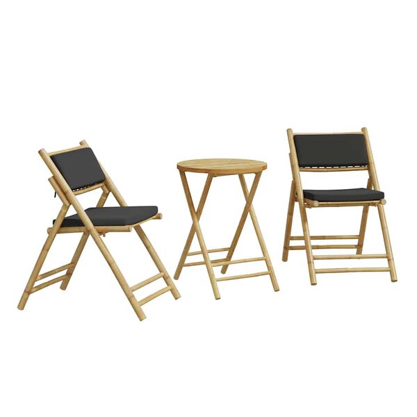 vidaXL 3 Piece Folding Bistro Set with Dark Grey Cushions Bamboo
