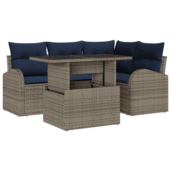 vidaXL Garden Sofa Set 5 pcs Grey and Navy Blue Poly Rattan