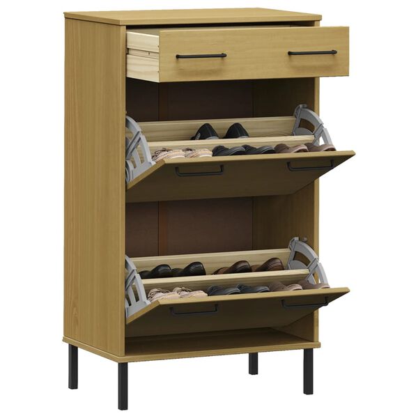 vidaXL Shoe Rack with Metal Legs Brown Solid Wood Pine OSLO
