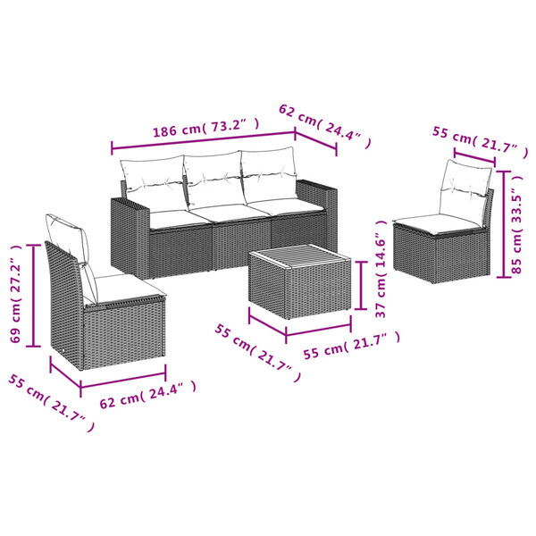 vidaXL 6 Piece Garden Sofa Set with Cushions Grey Poly Rattan