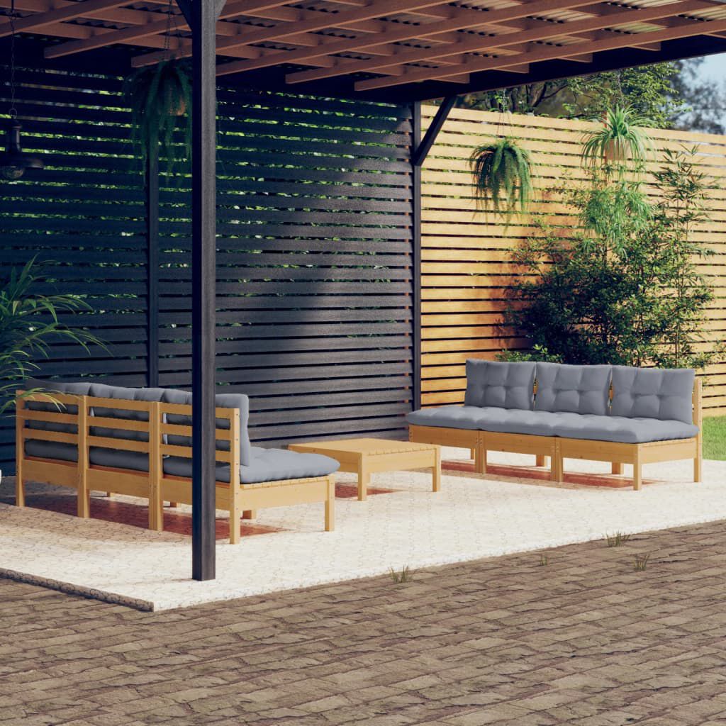 vidaXL 7 Piece Garden Lounge Set with Grey Cushions Pinewood