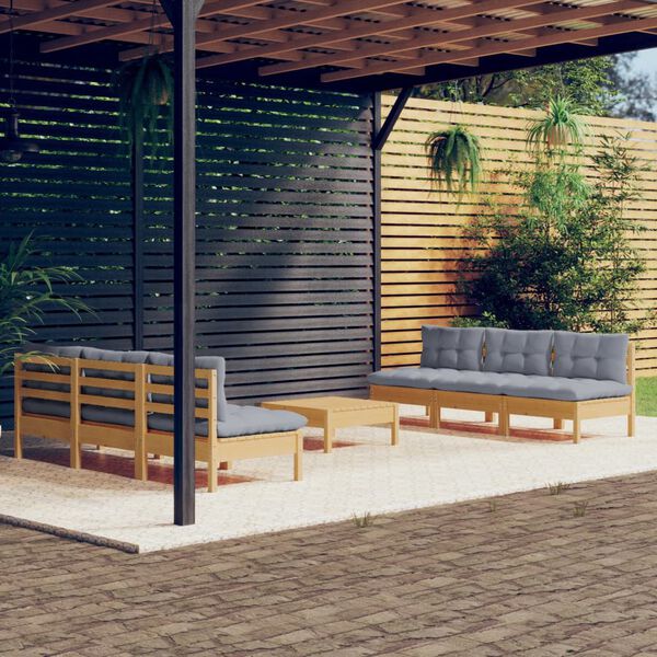 vidaXL 7 Piece Garden Lounge Set with Grey Cushions Pinewood