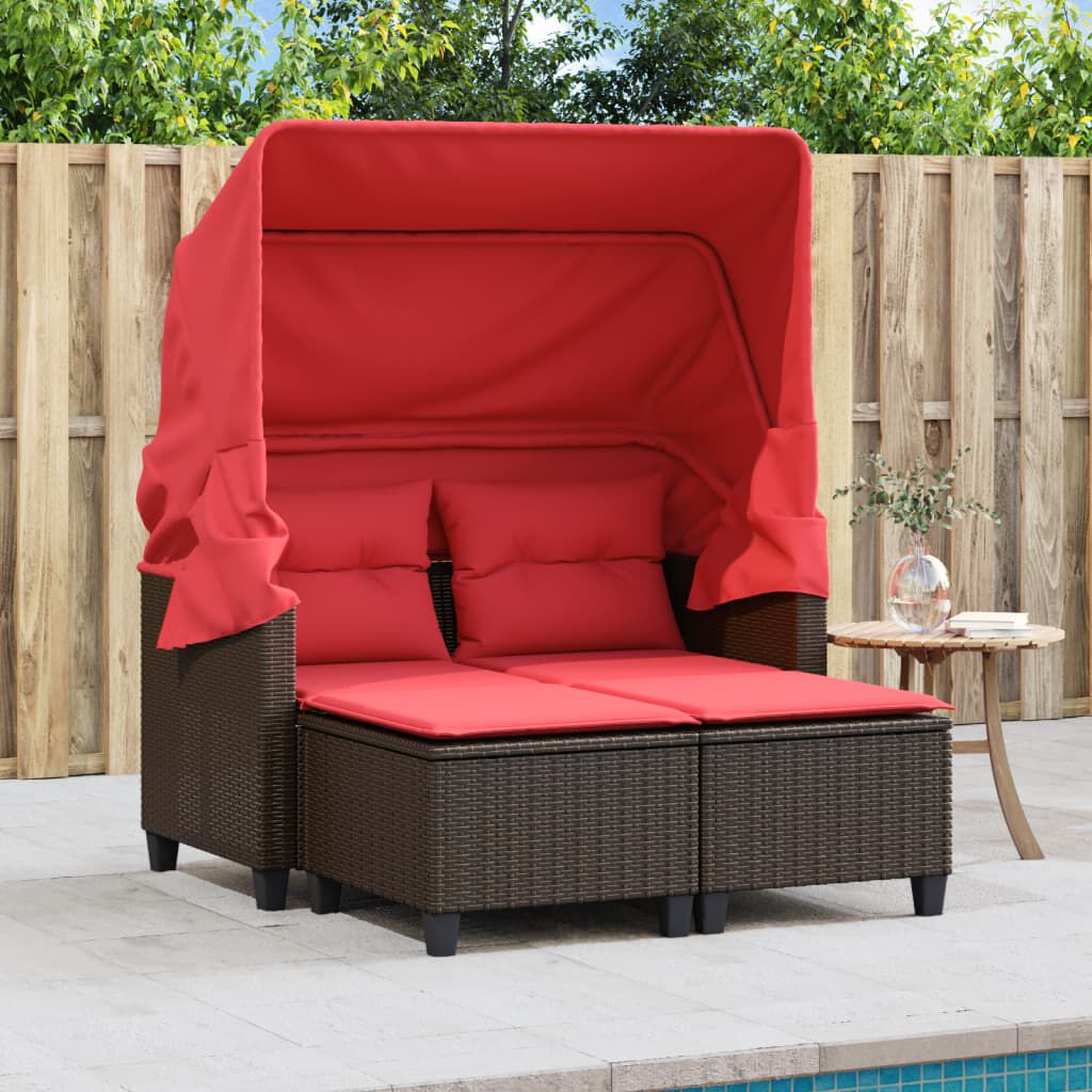 vidaXL Garden Sofa 2-Seater with Canopy and Stools Brown Poly Rattan