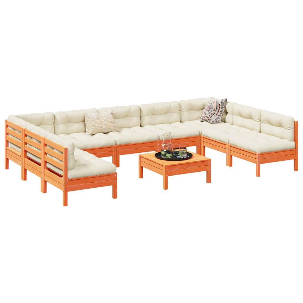 vidaXL 10 Piece Garden Sofa Set with Cushions Wax Brown Solid Wood Pine
