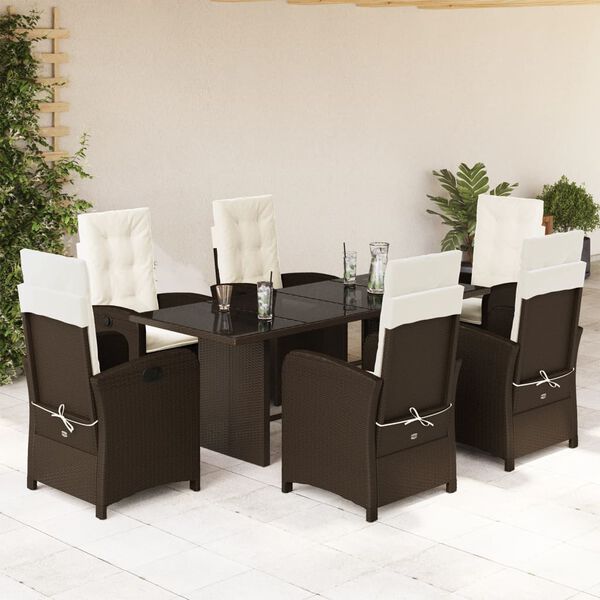 vidaXL 7 Piece Garden Dining Set with Cushions Brown Poly Rattan