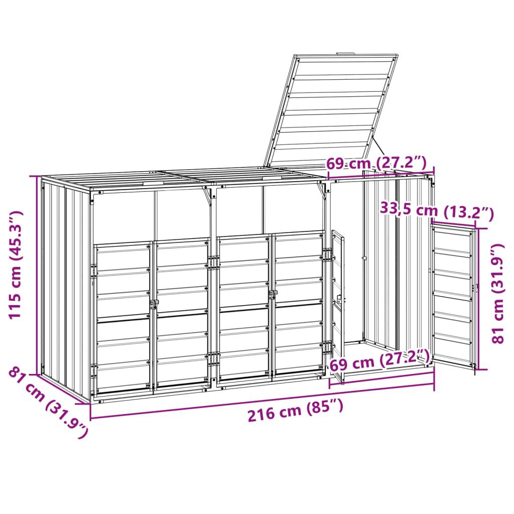 vidaXL Wheelie Bin Storage for Triple Bins Grey 216x81x115 cm Steel