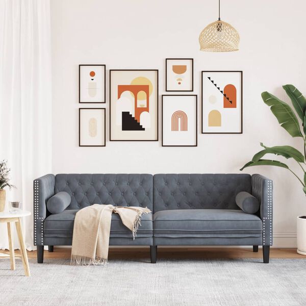 vidaXL Chesterfield Sofa with Bolsters 3-Seater Dark Grey Velvet
