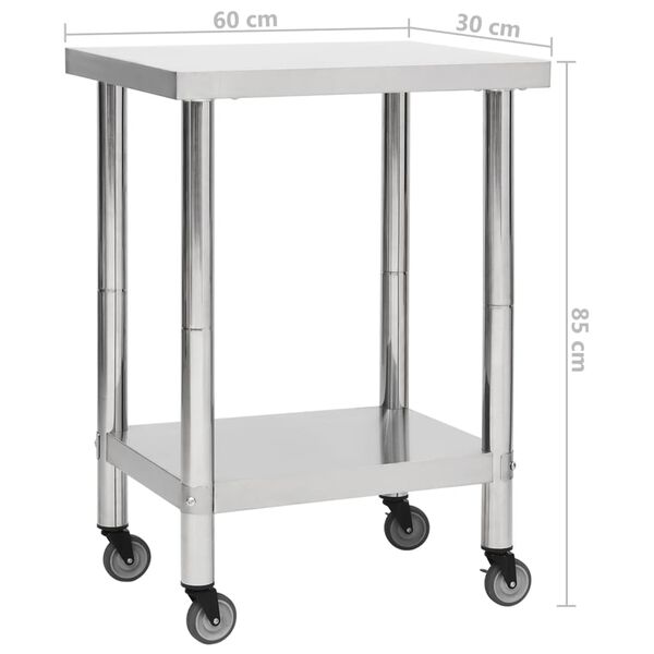 vidaXL Kitchen Work Table with Wheels 60x30x85 cm Stainless Steel