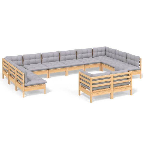 vidaXL 12 Piece Garden Lounge Set with Grey Cushions Solid Pinewood