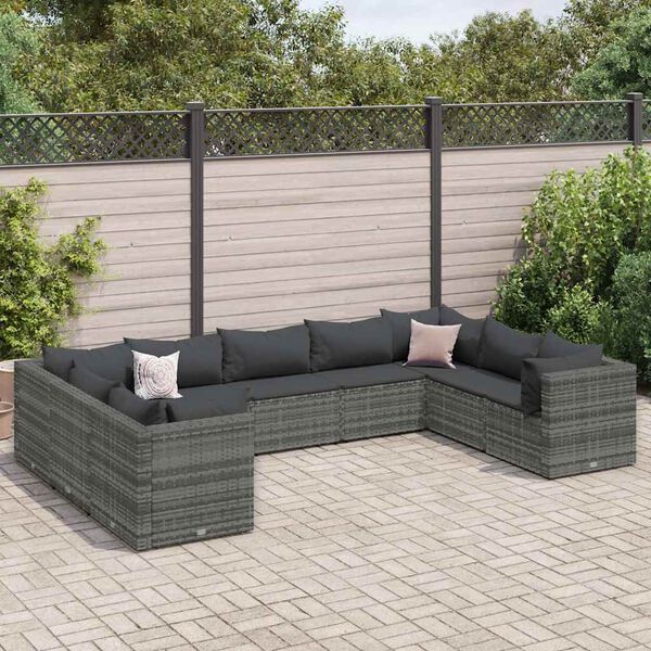 vidaXL 9 Piece Garden Lounge Set with Cushions Grey Poly Rattan