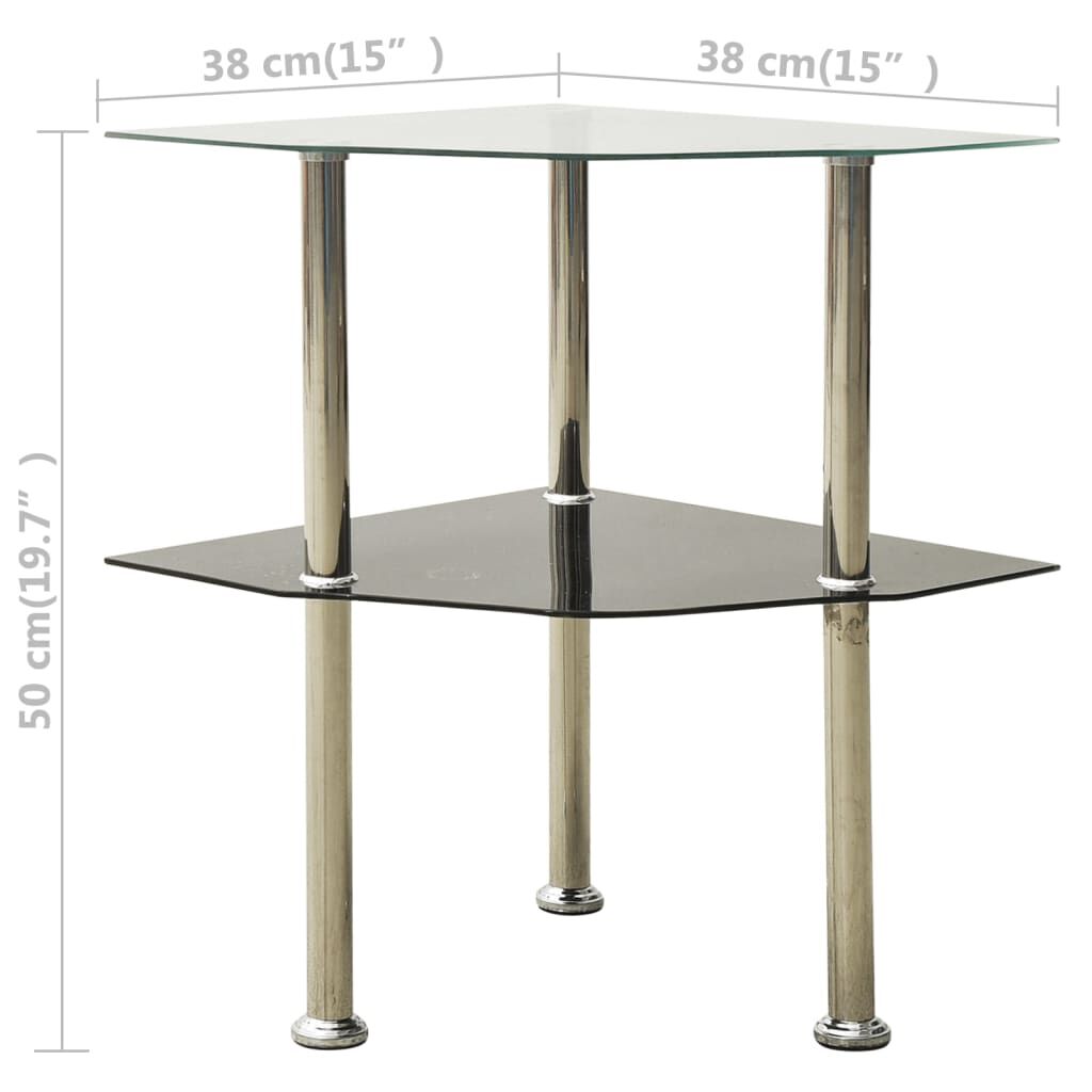 vidaXL 2-Tier Side Table Transparent & Black 38x38x50cm Tempered Glass