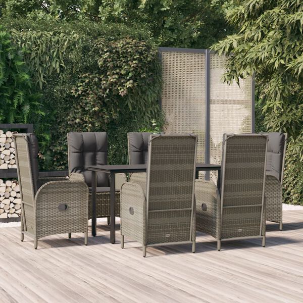 vidaXL 7 Piece Garden Dining Set with Cushions Black and Grey Poly Rattan