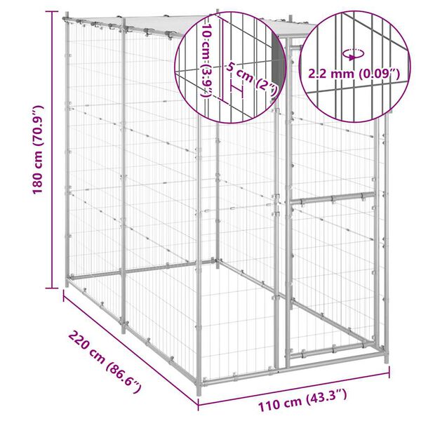 vidaXL Outdoor Dog Kennel Galvanised Steel with Roof 110x220x180 cm