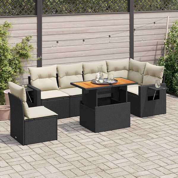 vidaXL 7 Piece Garden Sofa Set with Cushions Black Poly Rattan