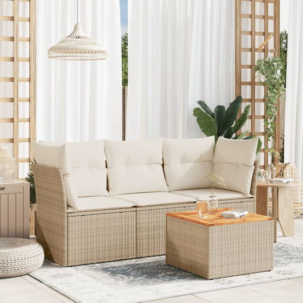 vidaXL 4 Piece Garden Sofa Set with Cushions Beige Poly Rattan