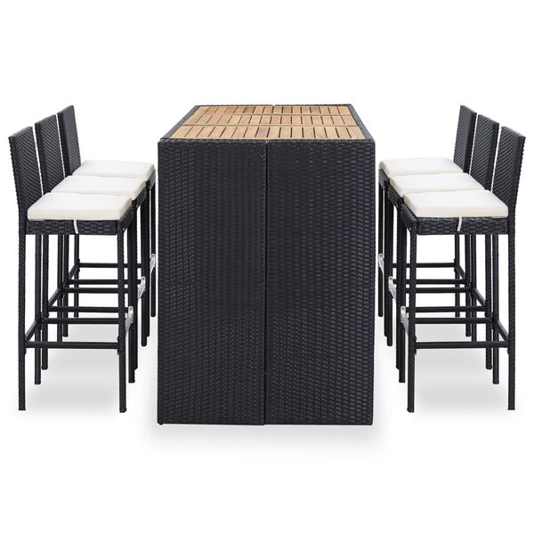 vidaXL 7 Piece Outdoor Bar Set with Cushions Poly Rattan Black