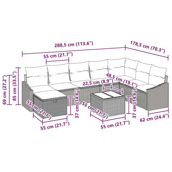 vidaXL 9 Piece Garden Sofa Set with Cushions Brown Poly Rattan