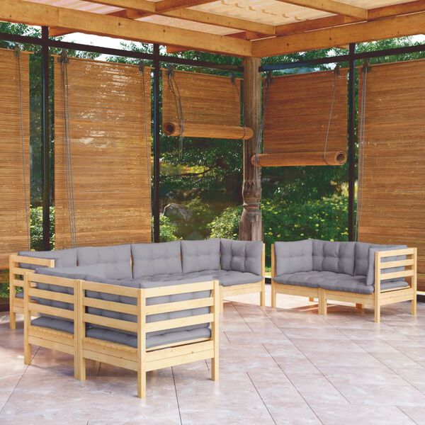 vidaXL 8 Piece Garden Lounge Set with Grey Cushions Solid Pinewood