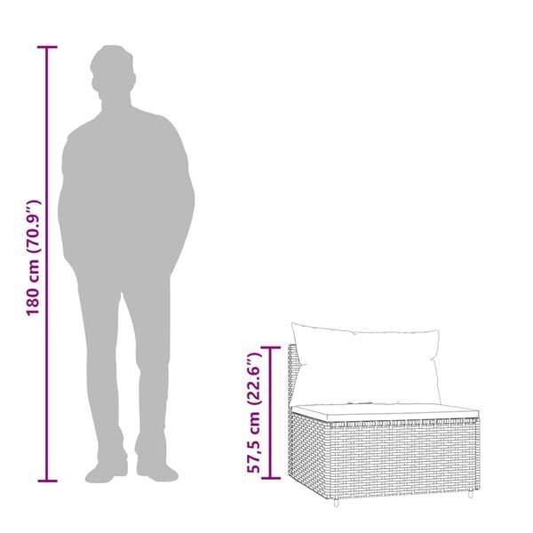 vidaXL Garden Middle Sofa with Cushions Grey Poly Rattan
