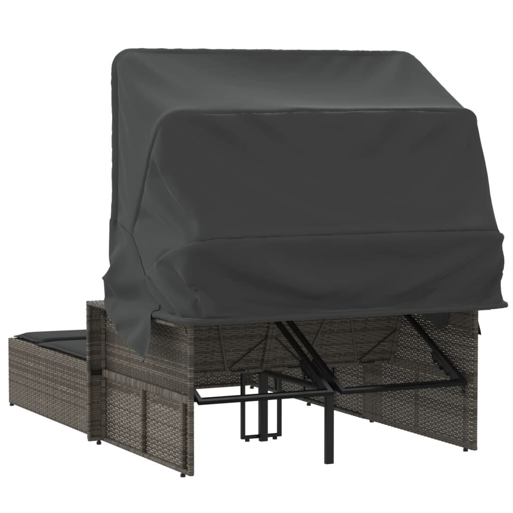 vidaXL Double Sun Lounger with Canopy and Cushions Grey Poly Rattan