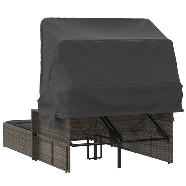 vidaXL Double Sun Lounger with Canopy and Cushions Grey Poly Rattan