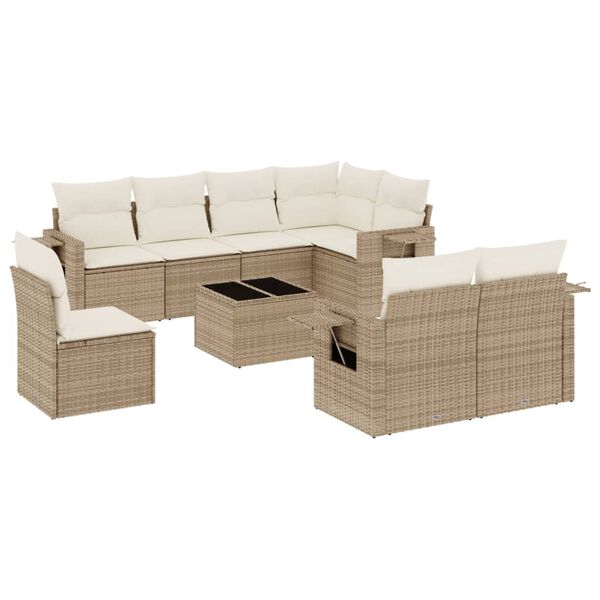 vidaXL 9 Piece Garden Sofa Set with Cushions Beige Poly Rattan