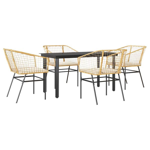 vidaXL 5 Piece Garden Dining Set with Cushions Brown Poly Rattan Glass