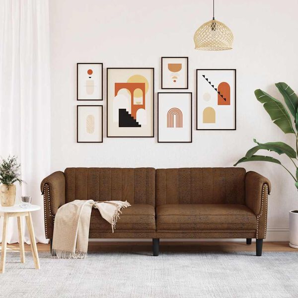 vidaXL Sofa 3-Seater Brown Faux Suede Leather