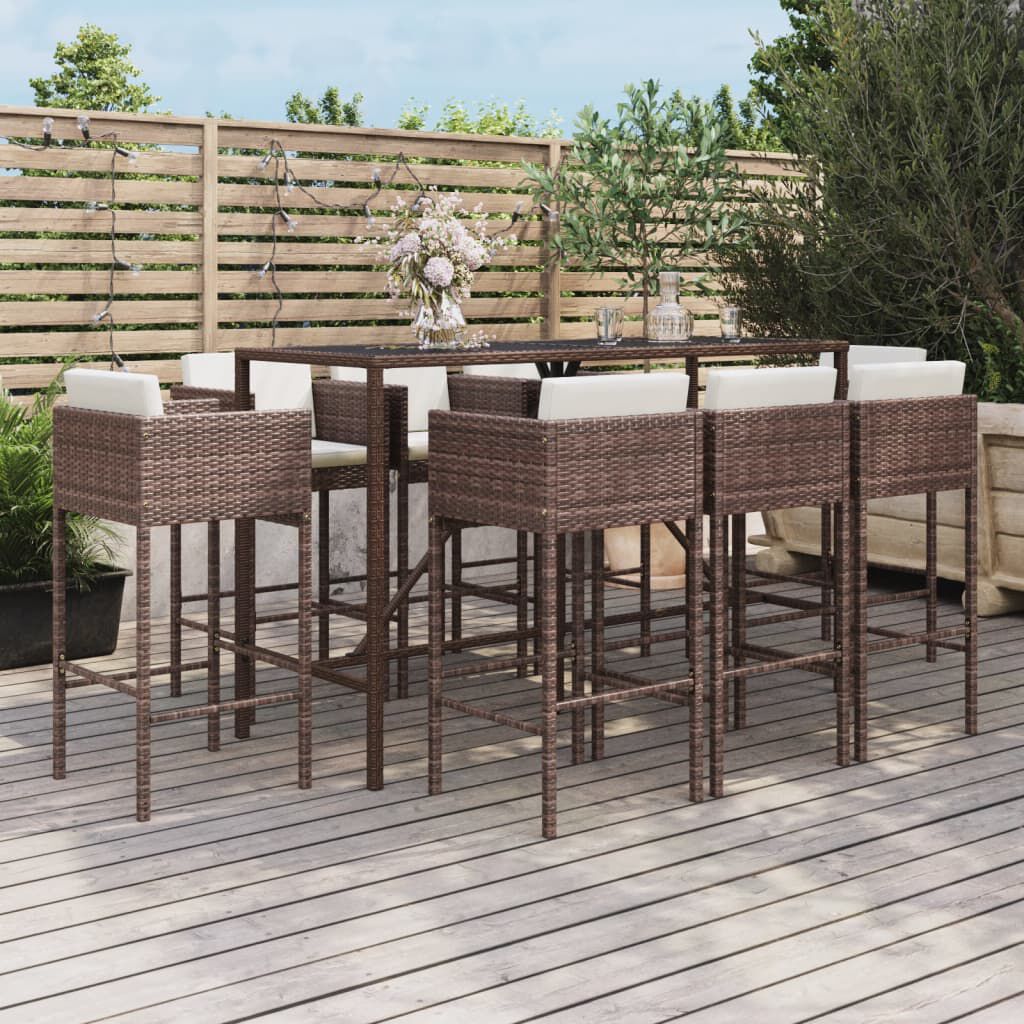 vidaXL 9 Piece Garden Bar Set with Cushions Brown Poly Rattan