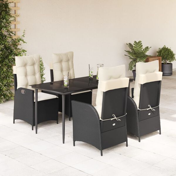 vidaXL 5 Piece Garden Dining Set with Cushions Black Poly Rattan