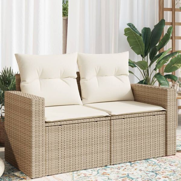 vidaXL Garden Sofa with Cushions 2-Seater Beige Poly Rattan