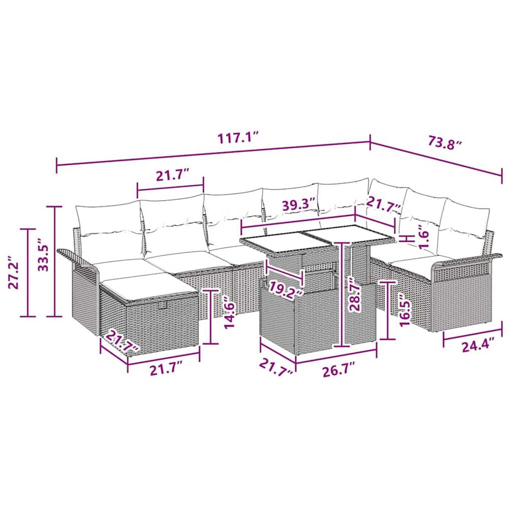 vidaXL Garden Sofa Set with Cushion 9 pcs Grey Poly rattan