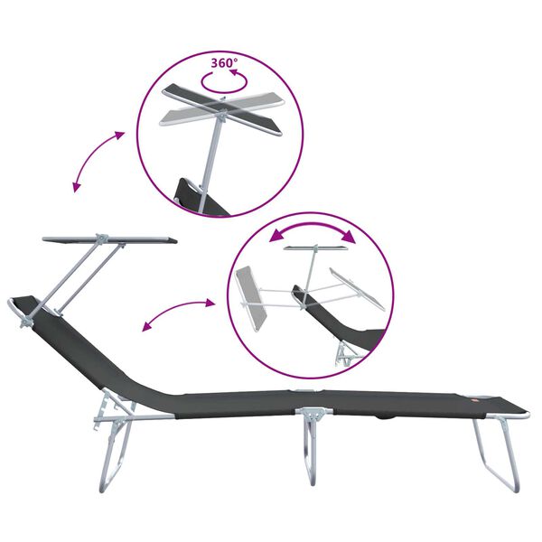 vidaXL Folding Sun Lounger with Canopy Steel and Fabric Black