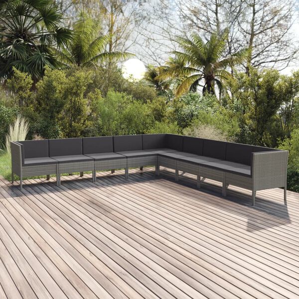 vidaXL 9 Piece Garden Lounge Set with Cushions Poly Rattan Grey