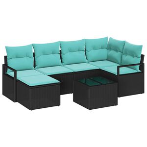 vidaXL Sofa Set with Cushion 7 pcs Black and Turquoise Poly Rattan