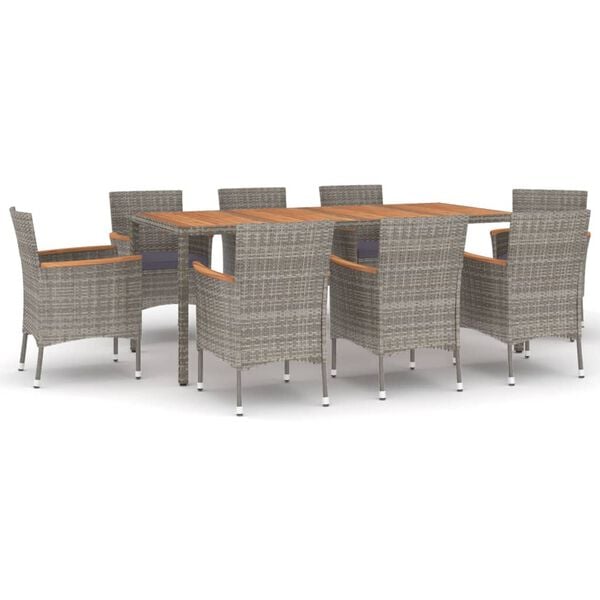 vidaXL 9 Piece Garden Dining Set with Cushions Grey Poly Rattan