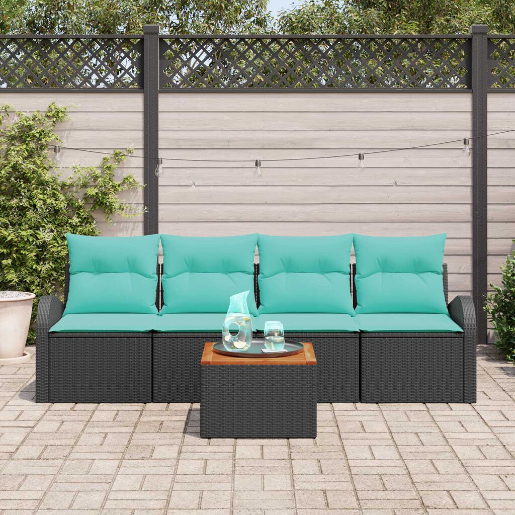 vidaXL 5 Piece Garden Sofa Set with Cushions Black Poly Rattan Acacia